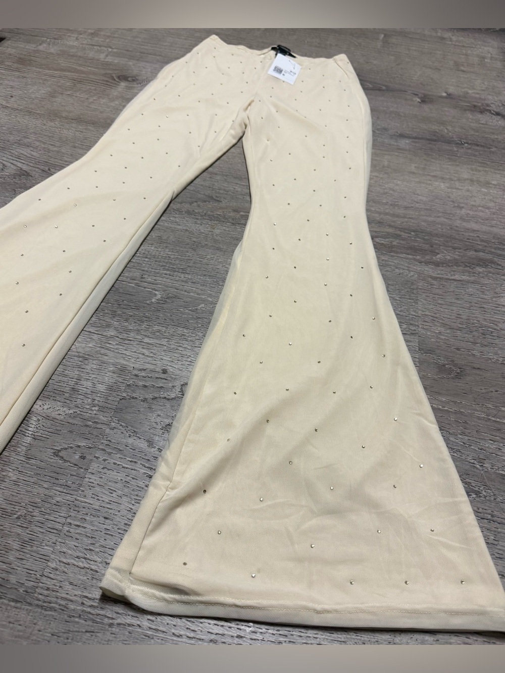Forever 21 Egret Rhinestone Mesh Flare Pants NWT Sheer High Rise Festival S - Picture 4 of 5